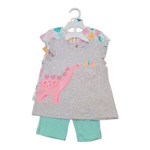 𝅺Little Me 3 Piece Set Dino Print Shirt, Teal Pants, and T-Shirt Size 12 months
